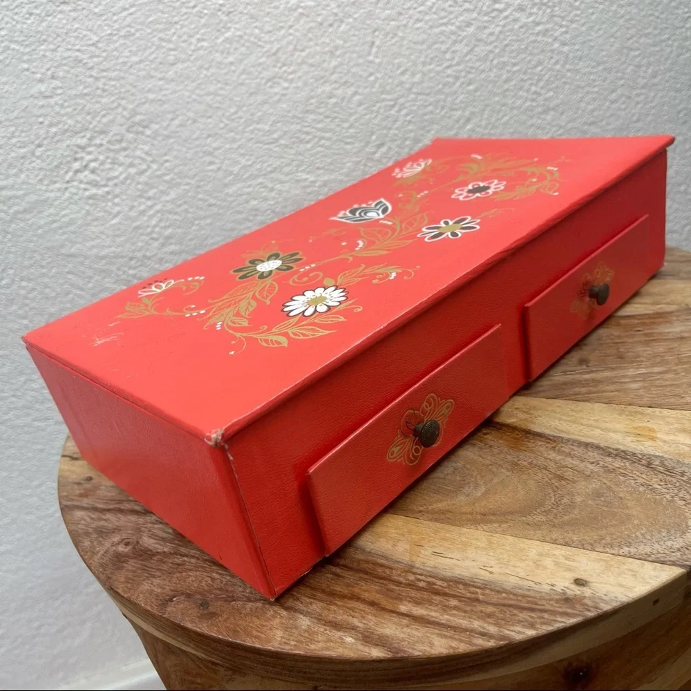 Vintage l 70s Bohemian Boho Metallic Floral Cardboard Vanity Jewelry Box Drawers